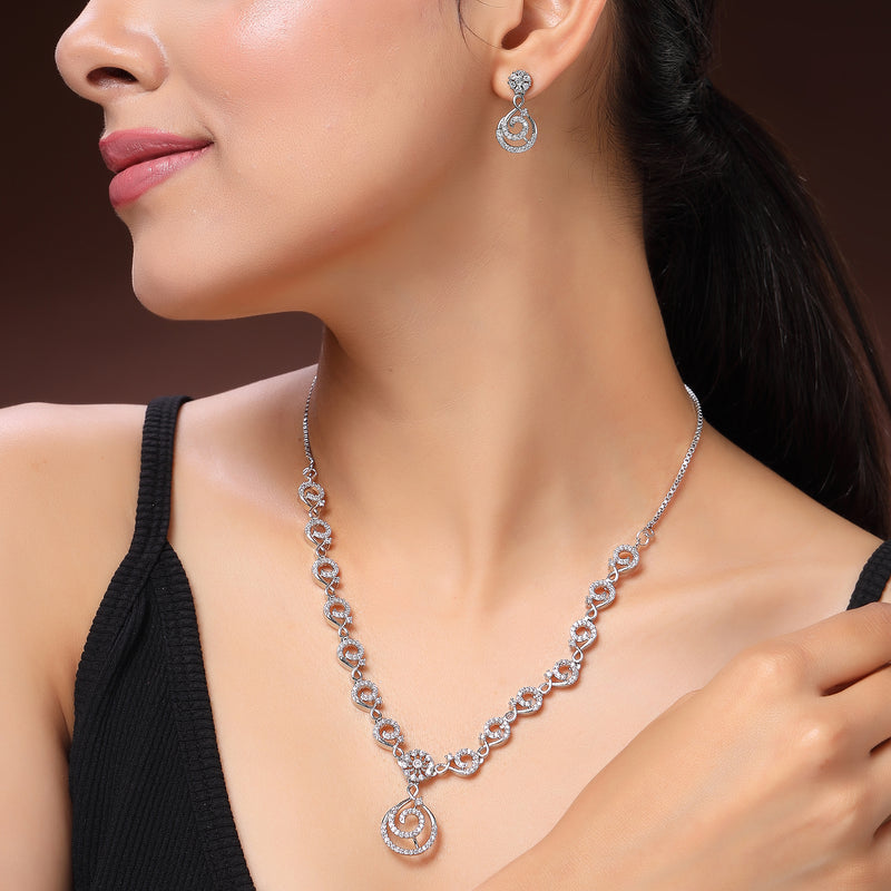 Rhodium Plated Silver Toned Spiral Shaped White American Diamond Studded Jewellery Set