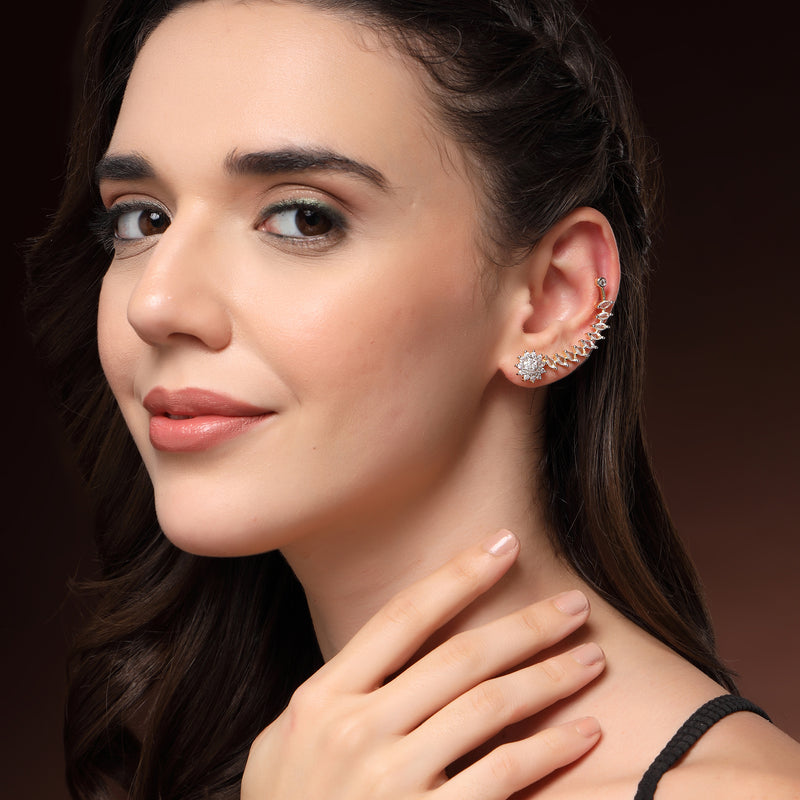 Gold Plated Floral Shaped American Diamond Studded Ear Climber Earrings