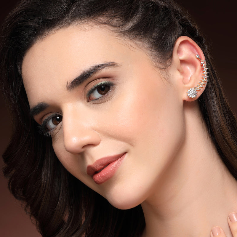 Gold Plated Floral Shaped American Diamond Studded Ear Climber Earrings