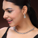 Rhodium Plated Silver Toned Geometrical Shaped White American Diamond Studded Jewellery Set