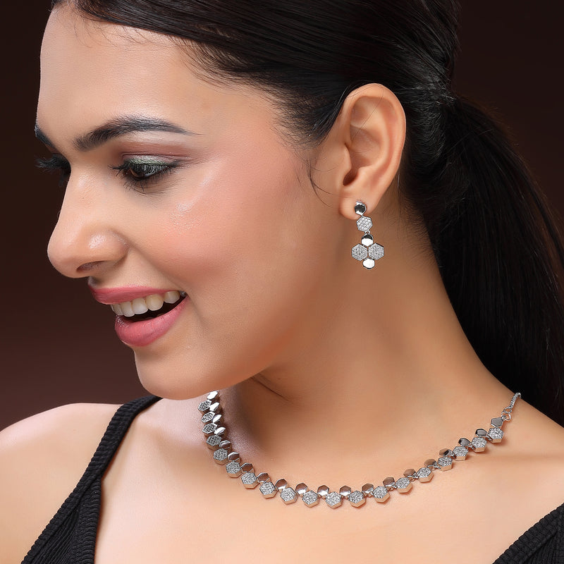 Rhodium Plated Silver Toned Geometrical Shaped White American Diamond Studded Jewellery Set