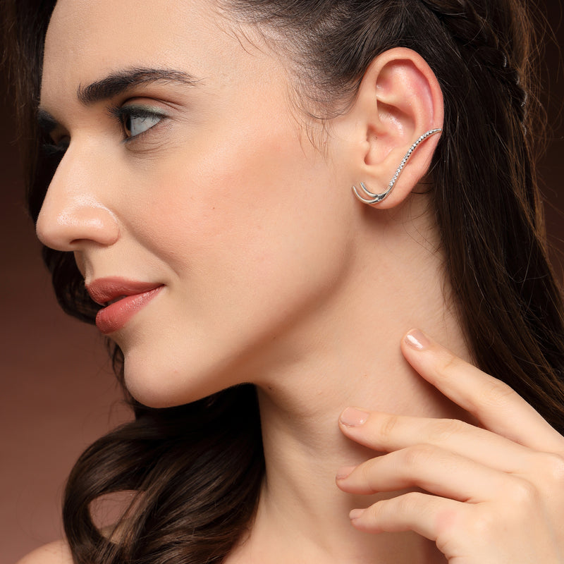 Rhodium Plated Silver Toned American Diamond Studded Ear Climber Earrings