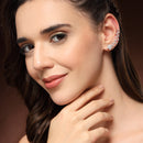Rhodium Plated Floral Shaped Silver Toned White American Diamond Studded Ear Climber Earrings