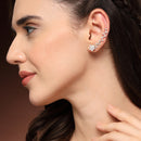 Rhodium Plated Floral Shaped Silver Toned White American Diamond Studded Ear Climber Earrings