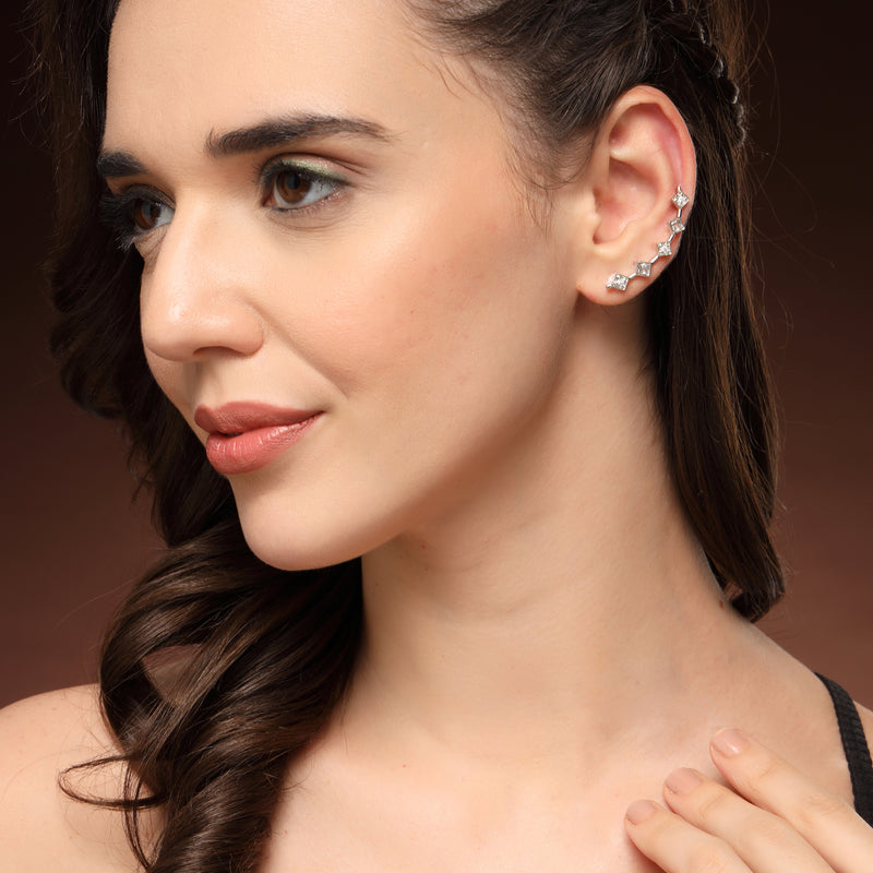Rhodium Plated Silver Toned Square Shaped American Diamond Studded Ear Climber Earrings