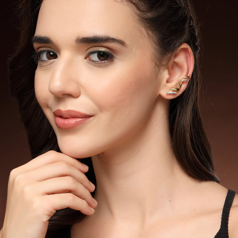 Gold Plated Twisted Shpaped American Diamond Studded Ear Climber Earrings