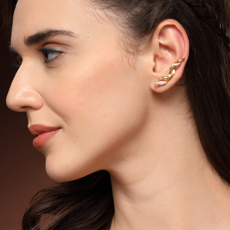 Gold Plated Twisted Shpaped American Diamond Studded Ear Climber Earrings
