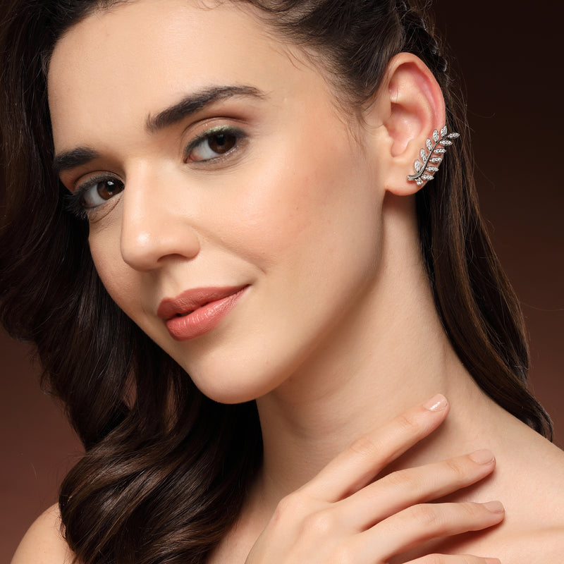 Rhodium Plated Silver Toned Leaf Shaped American Diamond Studded Ear Climber Earrings