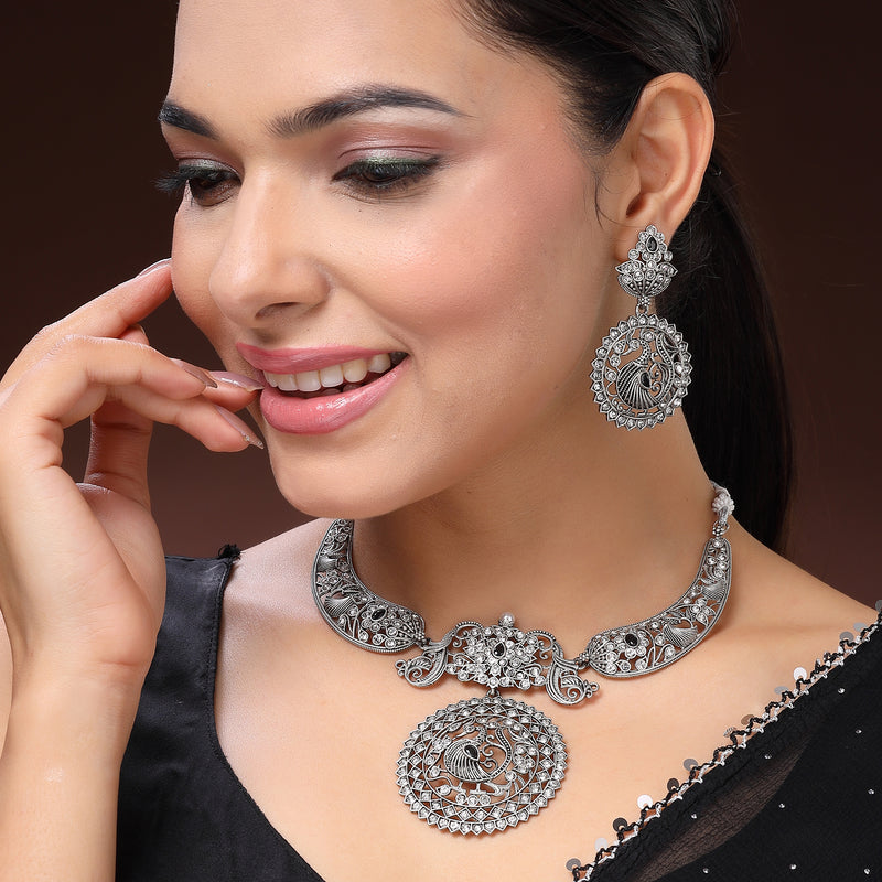 Oxidised Silver Toned Peacock Cubic Zirconia Studded Jewellery Set