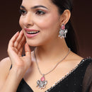 Oxidised Silver Toned Tribal Bird Shaped Pink Cz Studded & Pearl Beaded Pendant Jewellery Set