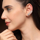 Rhodium Plated Silver Toned Leaf Shaped American Diamond Studded Ear Climber Earrings