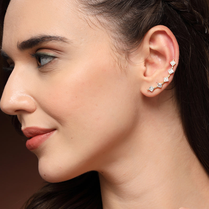 Gold Plated Square Shaped American Diamond Studded Ear Climber Earrings