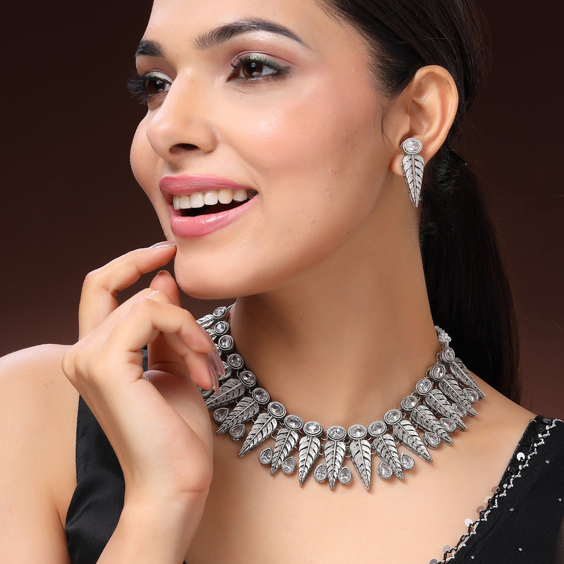 Oxidised Silver Leaf Shaped White Cubic Zirconia Stoned Studded Jewellery Set
