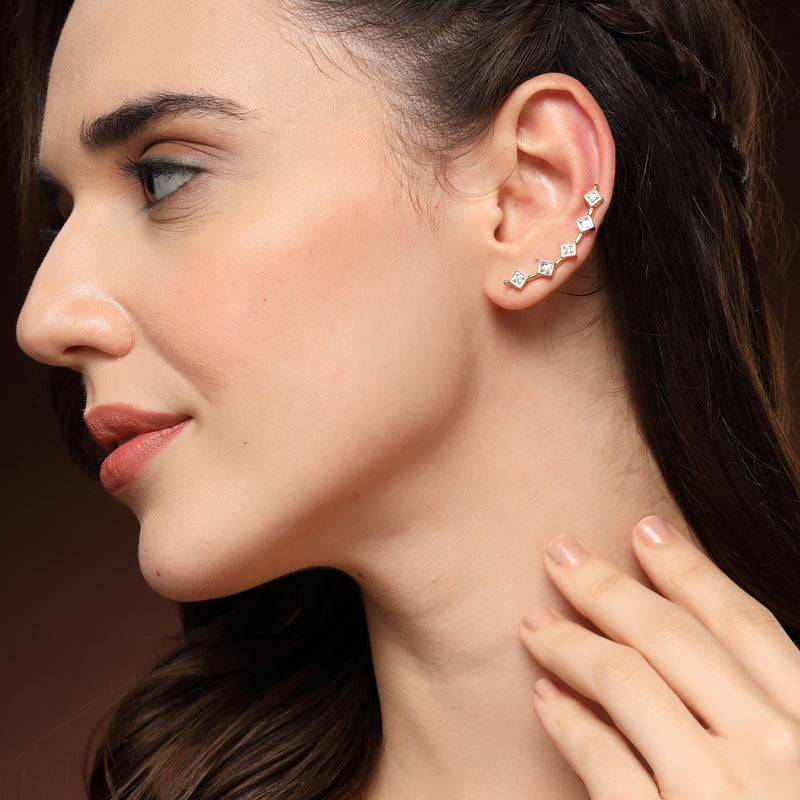 Gold Plated Square Shaped American Diamond Studded Ear Climber Earrings