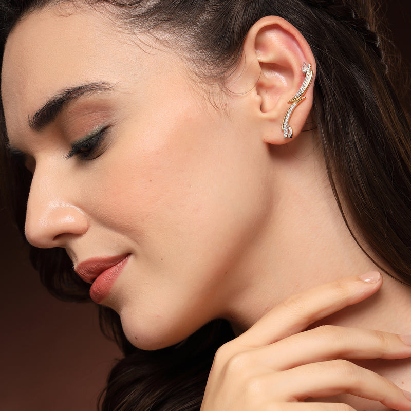 Gold Plated White American Diamond Studded Ear Climber Earrings