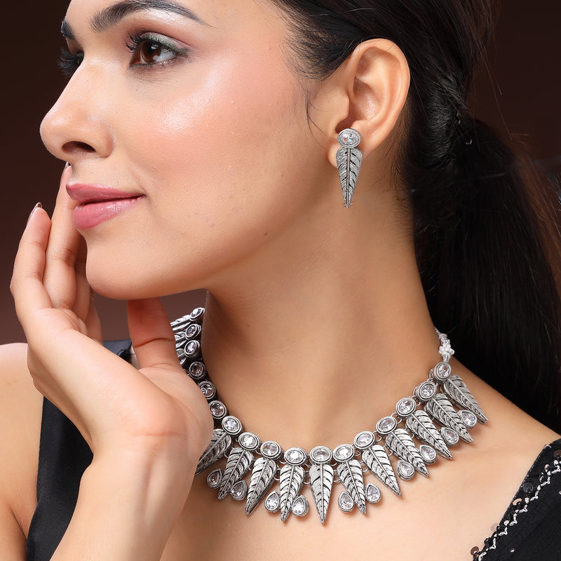 Oxidised Silver Leaf Shaped White Cubic Zirconia Stoned Studded Jewellery Set