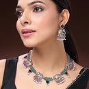 Oxidised Silver Pink & Green Cz Stoned Studded Jewellery Set