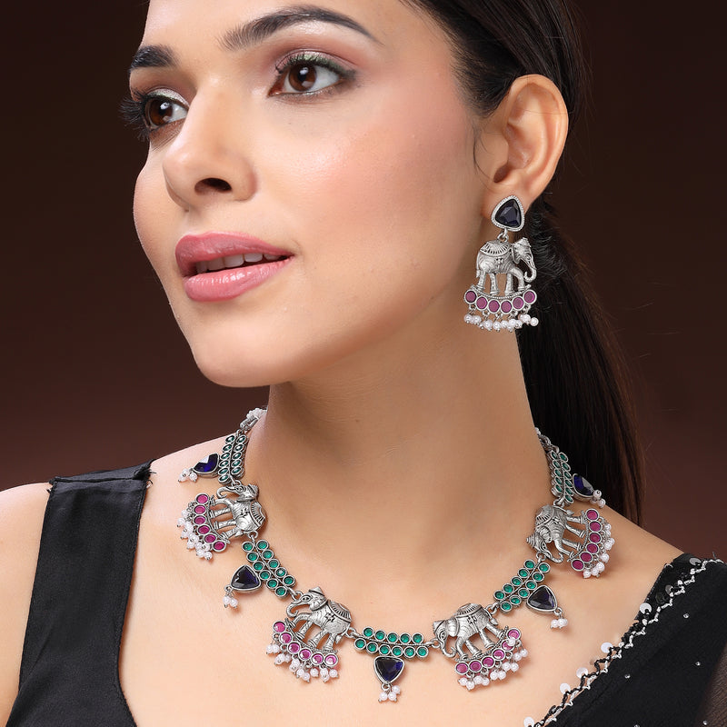 Oxidised Silver Pink & Green Cz Stoned Studded Jewellery Set
