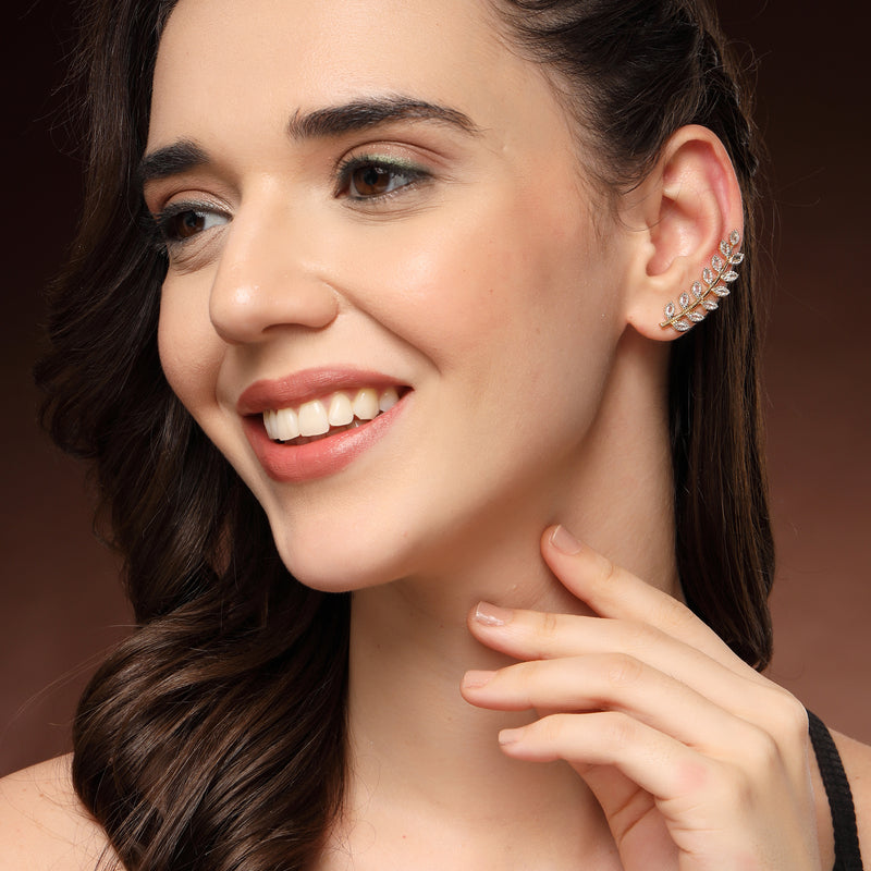Gold Plated Leaf Shaped American Diamond Studded Ear Climber