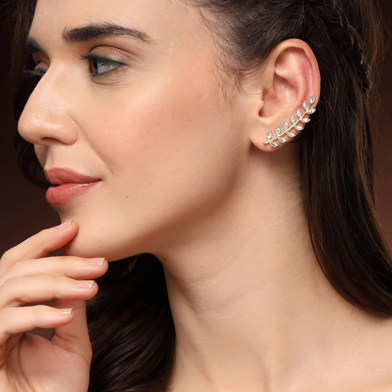 Gold Plated Leaf Shaped American Diamond Studded Ear Climber