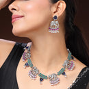 Oxidised Silver Pink & Green Cz Stoned Studded Jewellery Set