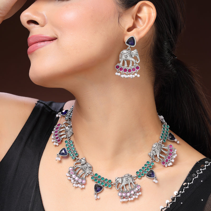 Oxidised Silver Pink & Green Cz Stoned Studded Jewellery Set