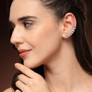 Rhodium Plated Silver Toned Leaf Shaped American Diamond Studded Ear Climber Earrings