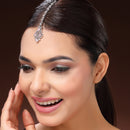 Rhodium Plated Silver Toned Pink & White American Diamond Studded Maang Tikka