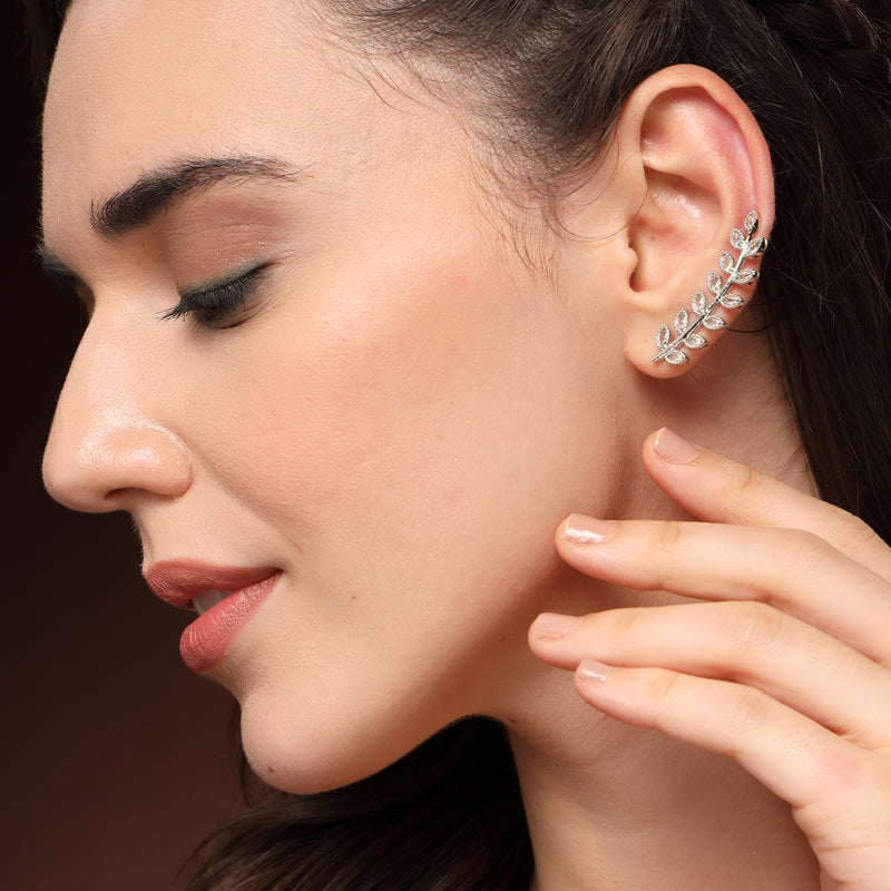 Rhodium Plated Silver Toned Leaf Shaped American Diamond Studded Ear Climber Earrings