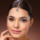 Rhodium Plated Silver Toned Blue & White American Diamond Studded Maang Tikka