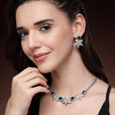 Rhodium Plated Silver Toned Floral Shaped Blue & White American Diamond Studded Jewellery Set