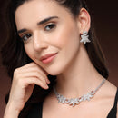 Rhodium Plated Silver Toned Floral Shaped White American Diamond Studded Jewellery Set
