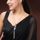 Oxidised Silver Toned Blue & Pink Stone Studded Tasseled Pendant Jewellery Set