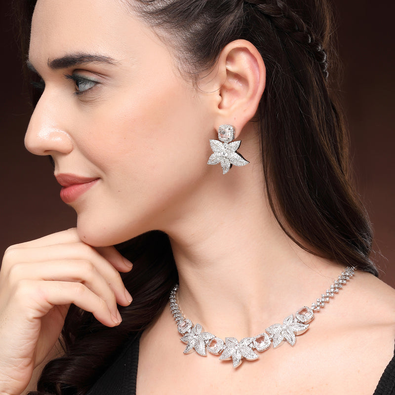 Rhodium Plated Silver Toned Floral Shaped White American Diamond Studded Jewellery Set