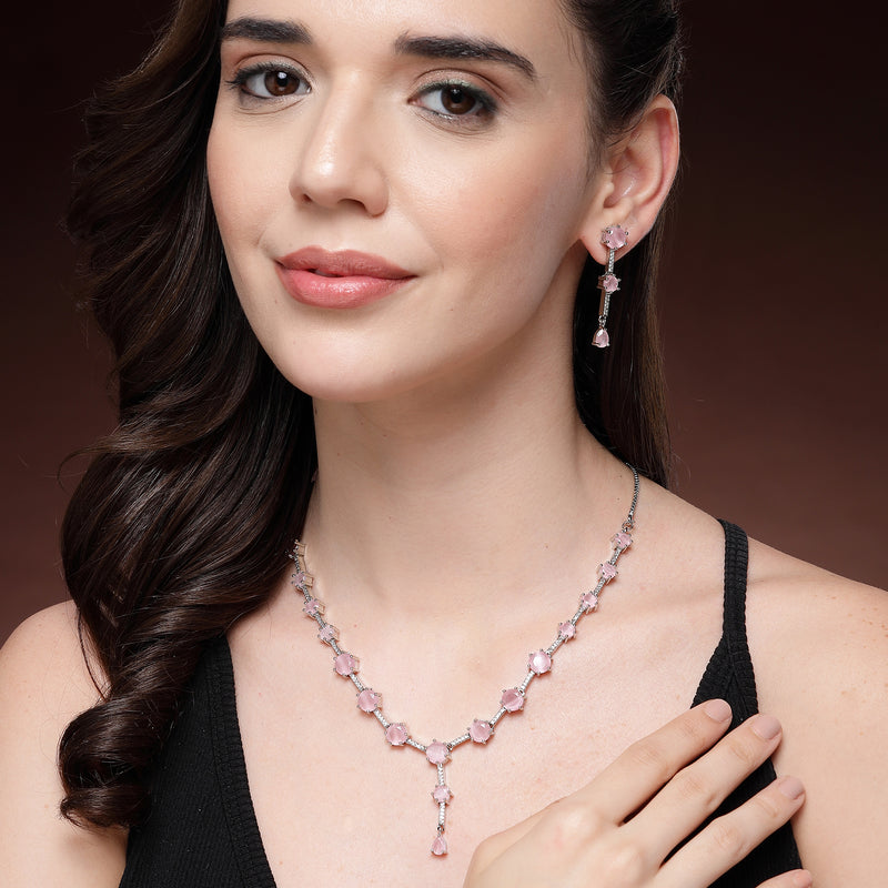Rhodium Plated Silver Toned Circle Shaped Pink American Diamond Studded Jewellery Set