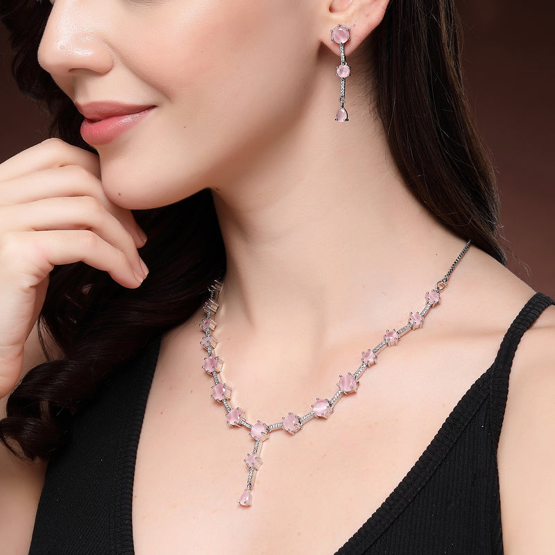 Rhodium Plated Silver Toned Circle Shaped Pink American Diamond Studded Jewellery Set