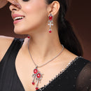 Oxidised Silver Toned Contemporary Red Cz Studded & Pearl Beaded Bird Shaped Pendant Jewellery Set