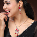 Oxidised Silver Toned Contemporary Red Cz Studded & Pearl Beaded Bird Shaped Pendant Jewellery Set