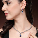 Rhodium Plated Silver Toned Teardrop Shaped Blue & White American Diamond Studded Jewellery Set