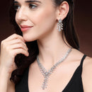 Rhodium Plated Silver Toned Leaf Shaped White American Diamond Studded Jewellery Set