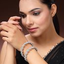 Rhodium Plated Silver Toned Floral Shaped Sea Green & Pink American Diamond Studded Bangles Set Of 2