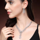 Rhodium Plated Silver Toned Leaf Shaped White American Diamond Studded Jewellery Set