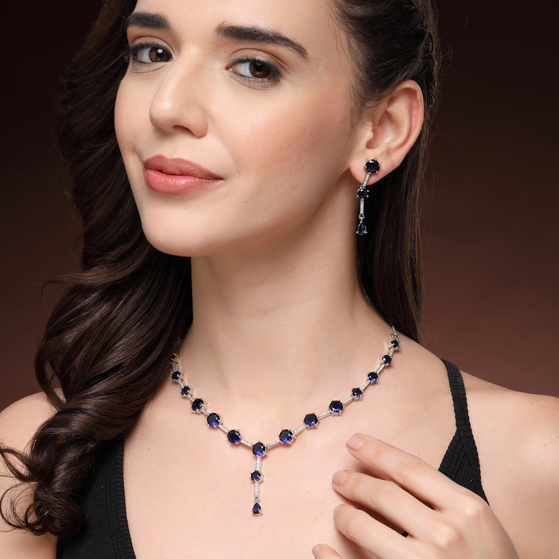 Rhodium Plated Silver Toned Circle Shaped Blue American Diamond Studded Jewellery Set