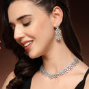 Rhodium Plated Silver Toned Floral Shaped White American Diamond Studded Jewellery Set