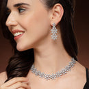 Rhodium Plated Silver Toned Floral Shaped White American Diamond Studded Jewellery Set