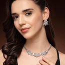 Rhodium Plated Silver Toned Floral Shaped Pink & White American Diamond Studded  Jewellery Set