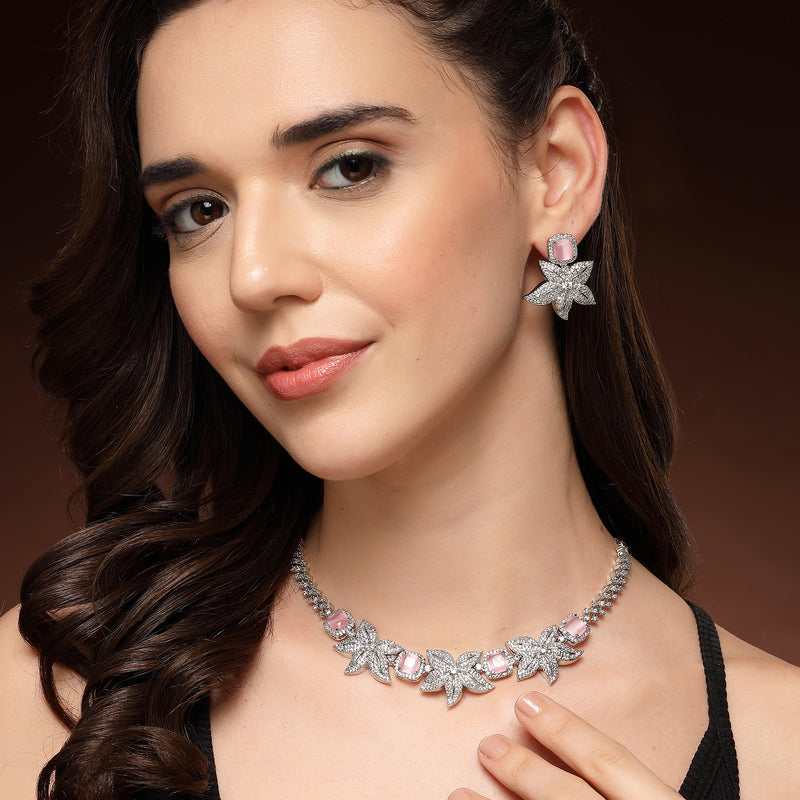 Rhodium Plated Silver Toned Floral Shaped Pink & White American Diamond Studded  Jewellery Set