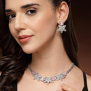 Rhodium Plated Silver Toned Floral Shaped Pink & White American Diamond Studded  Jewellery Set