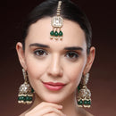 Traditional Gold Plated Kundan Studded Green & White Pearl Beaded Maang Tikka And Jhumkas With Multi Layered Ear Chain