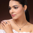 Rhodium Plated Silver Toned Star Shaped Blue & White American Diamond Studded Pendant Combo With Ring